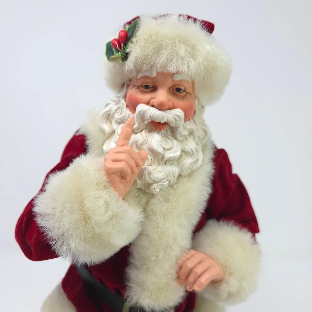 Vintage‎ Style Shushing Santa Claus Figurine Red Velvet Suit Faux Fur 11.5